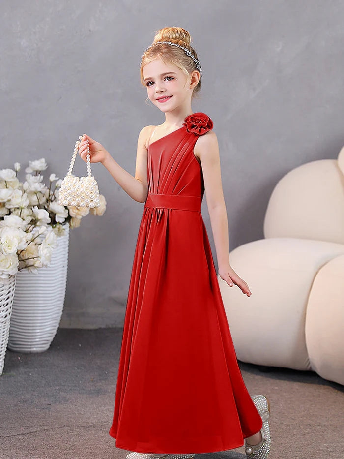 One-Shoulder Chiffon Floor-Length Junior Bridesmaid Dress/Party Dresses Gidiondress Red 12M