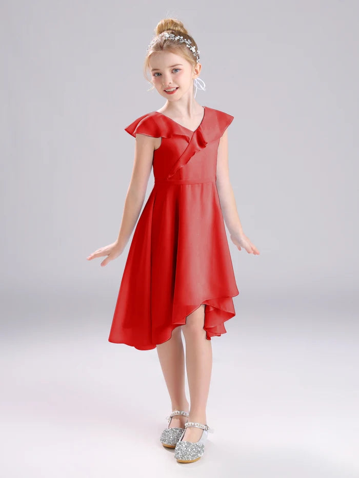 Girls Birthday Dresses V-Neck Cape Chiffon Asymmetrical Junior Bridesmaid Dress/Party Dresses With Belt Girls Gidiondress
