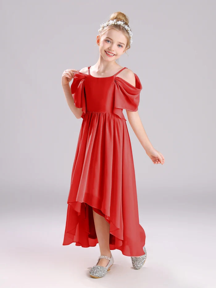 Girls Birthday Dresses Cold Shoulder Flutter Straps Chiffon Asymmetrical Junior Bridesmaid Dress/Party Dresses With Pleated Gidiondress