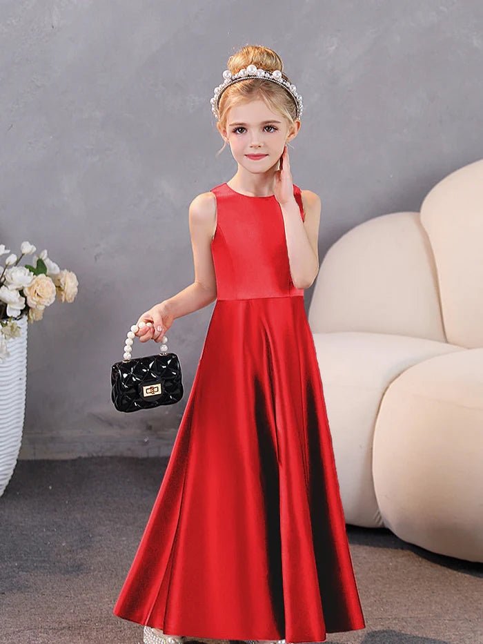 Girls Birthday Dresses Simple Sleeveless Satin Floor-Length Junior Bridesmaid Dress Gidiondress