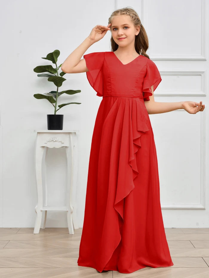 V-Neck Flutter straps Floor-Length Chiffon Junior Bridesmaid Dress/Girls Birthday Dresses Gidiondress