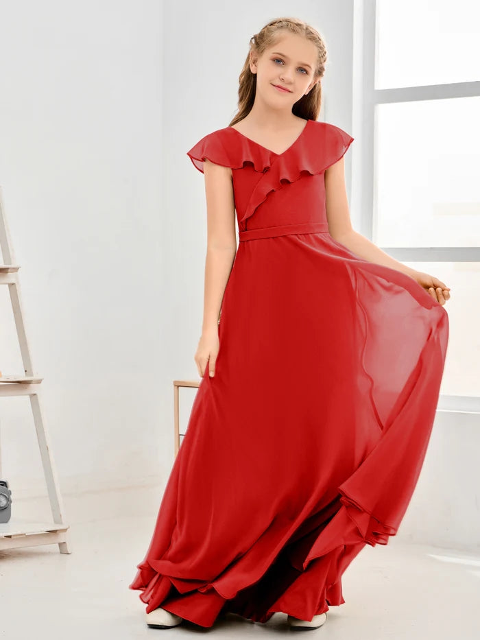 Floor-Length Chiffon Asymmetrical Junior Bridesmaid Dress/Girls Dress Gidiondress