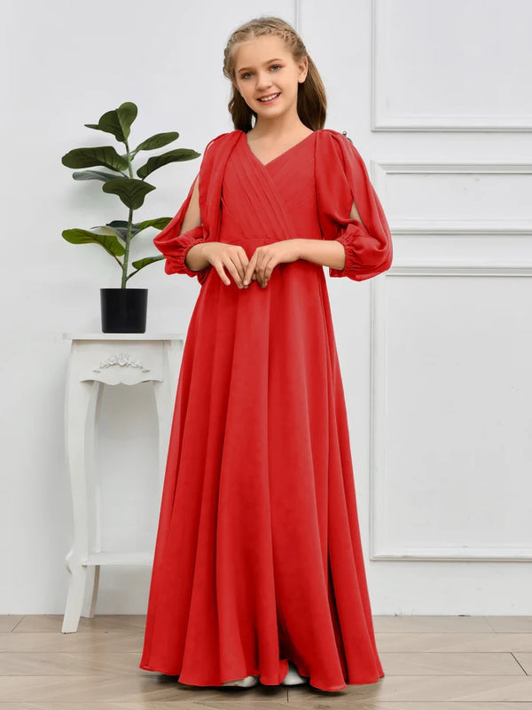 A-line V-Neck Floor-Length Chiffon Junior Bridesmaid Dresses Gidiondress