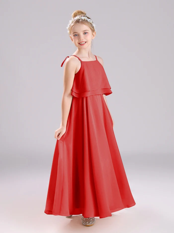 Girls Birthday Dresses Square Neck Spaghetti Straps Chiffon Floor-Length Junior Bridesmaid Dress/Party Dresses Gidiondress Red 12M