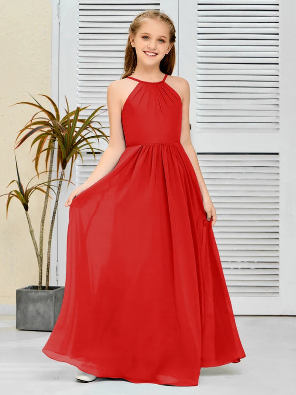Halter Floor-Length Chiffon Simple Junior Bridesmaid Dress/Girls dress Gidiondress
