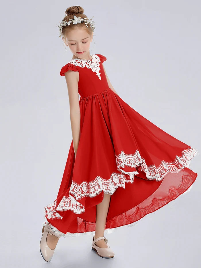Asymmetrical Cap Sleeve Scoop Neck Cute Ankel-Length Lace/Chiffon Junior Bridesmaid Dress With Appliques Gidiondress
