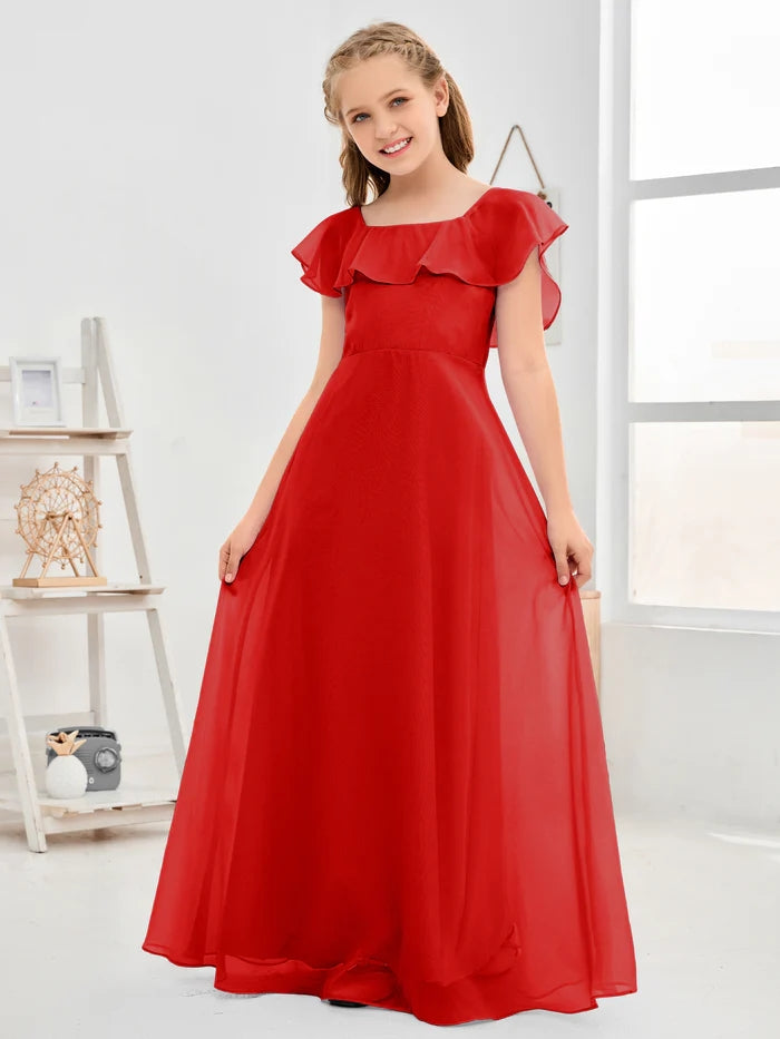 A-Line Square Flutter straps Simple Floor-Length Lilac Chiffon Junior Bridesmaid Dress/Girls Birthday Dresses Gidiondress