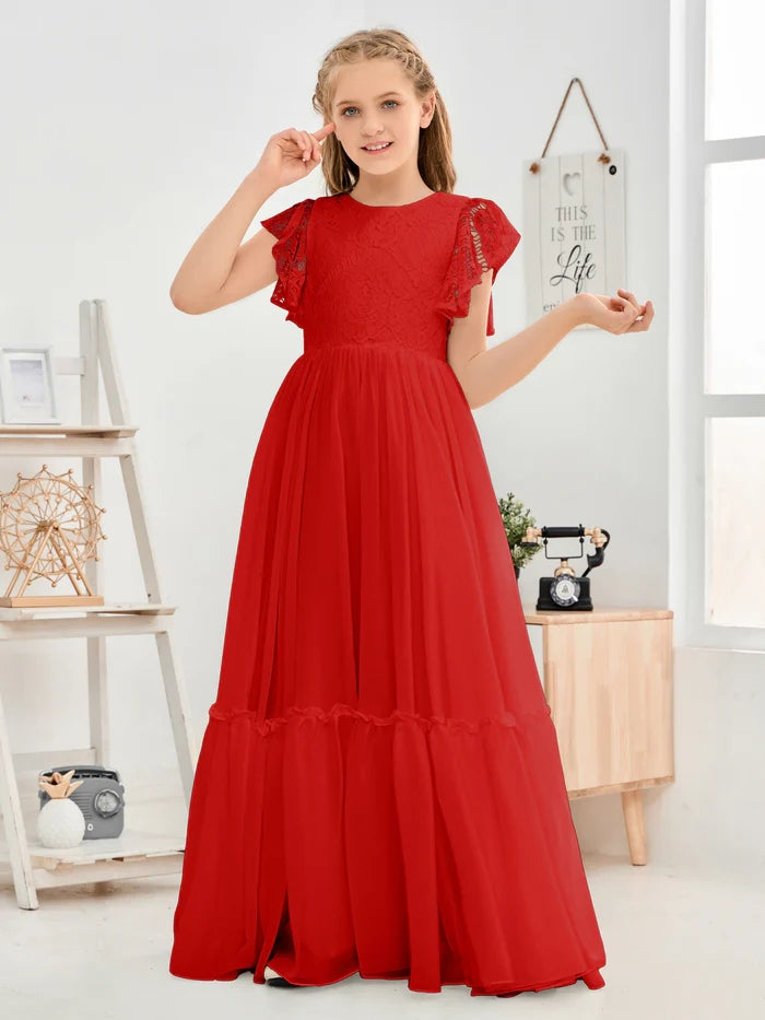 A-Line Scoop Neck Flutter straps Floor-Length Lace/Chiffon Junior Bridesmaid Dress/First Communion Dress With Lace Girls Gidiondress