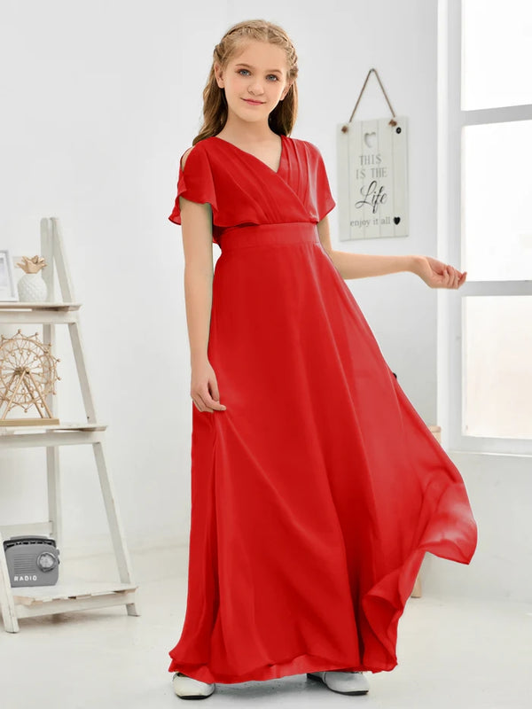 A-line V-Neck Floor-Length Chiffon Junior Bridesmaid Dress Gidiondress