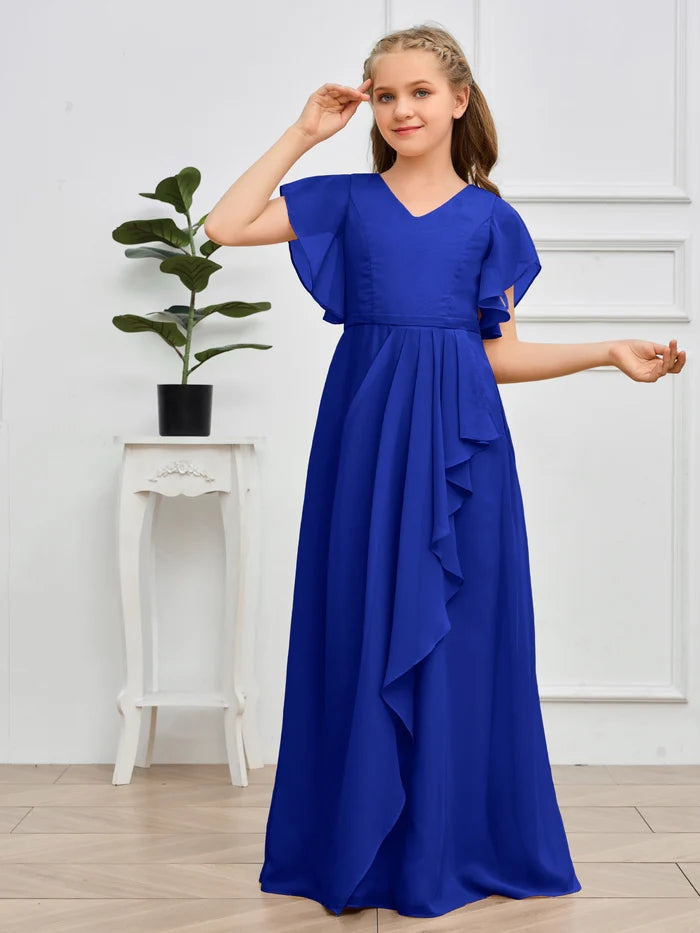 V-Neck Flutter straps Floor-Length Chiffon Junior Bridesmaid Dress/Girls Birthday Dresses Gidiondress