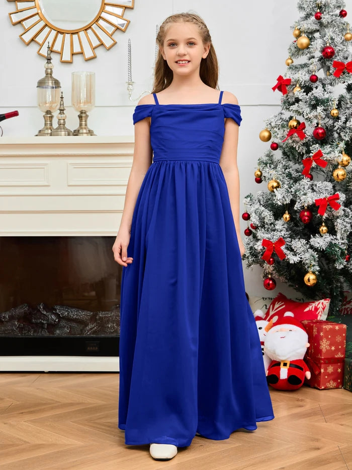 A-Line Floor-Length Chiffon Cold Shoulder Junior Bridesmaid Dress/Girls Birthday Dresses With Cape Gidiondress