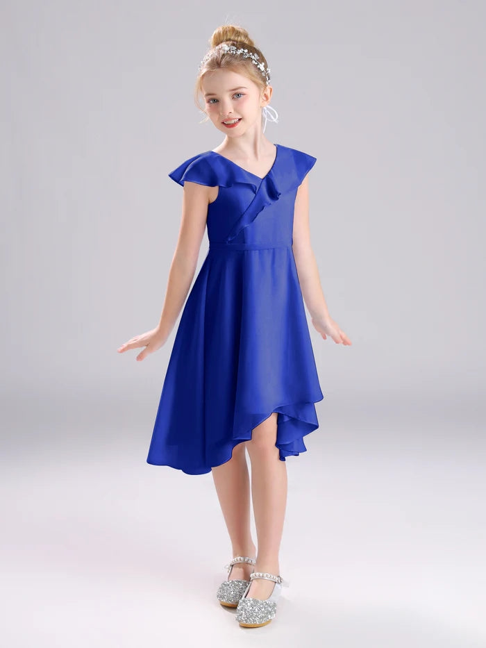 Girls Birthday Dresses V-Neck Cape Chiffon Asymmetrical Junior Bridesmaid Dress/Party Dresses With Belt Girls Gidiondress Royal Blue 12M