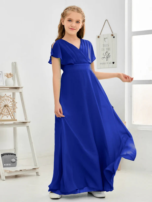 A-line V-Neck Floor-Length Chiffon Junior Bridesmaid Dress Gidiondress Royal Blue 12M