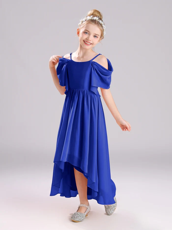 Girls Birthday Dresses Cold Shoulder Flutter Straps Chiffon Asymmetrical Junior Bridesmaid Dress/Party Dresses With Pleated Gidiondress