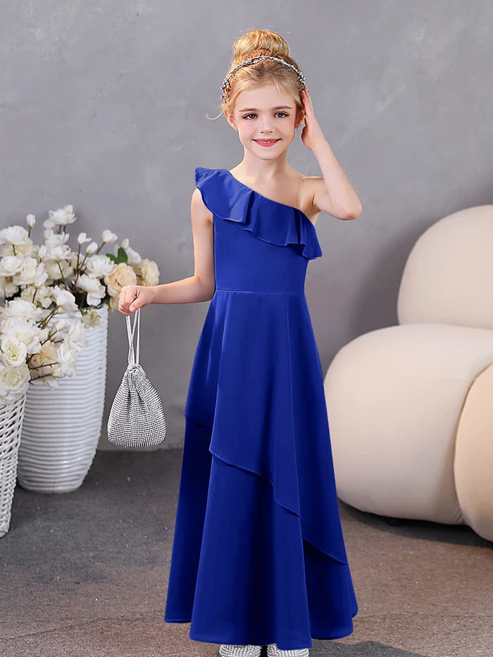 Girls Birthday Dresses One-Shoulder Sleeveless Chiffon Floor-Length Graceful Junior Bridesmaid Dress/Party Dresses With Ruffled Hem Gidiondress