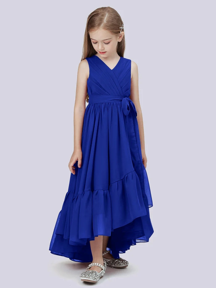 Asymmetrical Chiffon Junior Bridesmaid Dress/Girls Birthday Dresses With Pleated/Belt/Ruffled Gidiondress