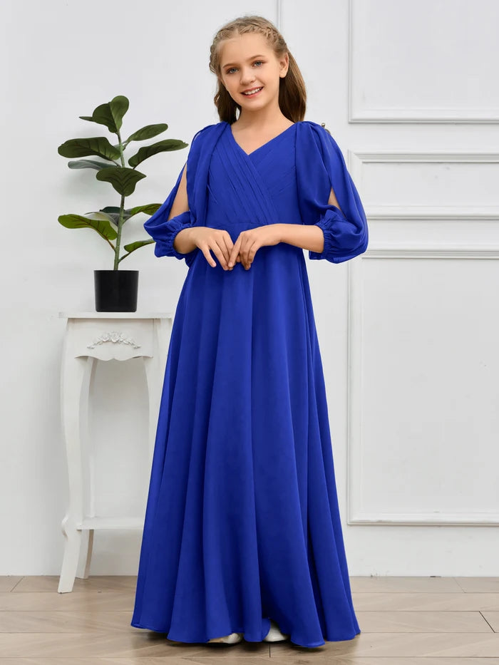 A-line V-Neck Floor-Length Chiffon Junior Bridesmaid Dresses Gidiondress