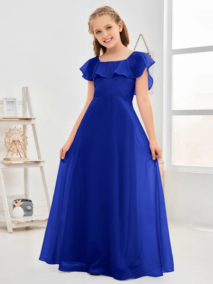 A-Line Square Flutter straps Simple Floor-Length Lilac Chiffon Junior Bridesmaid Dress/Girls Birthday Dresses Gidiondress