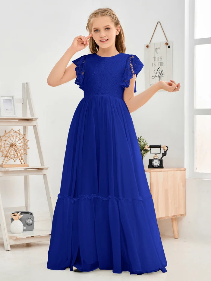 A-Line Scoop Neck Flutter straps Floor-Length Lace/Chiffon Junior Bridesmaid Dress/First Communion Dress With Lace Girls Gidiondress