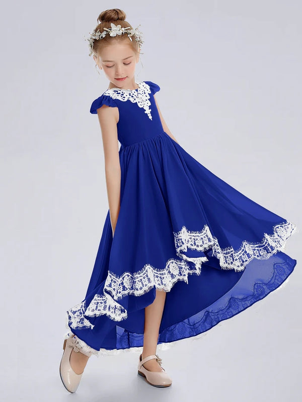 Asymmetrical Cap Sleeve Scoop Neck Cute Ankel-Length Lace/Chiffon Junior Bridesmaid Dress With Appliques Gidiondress