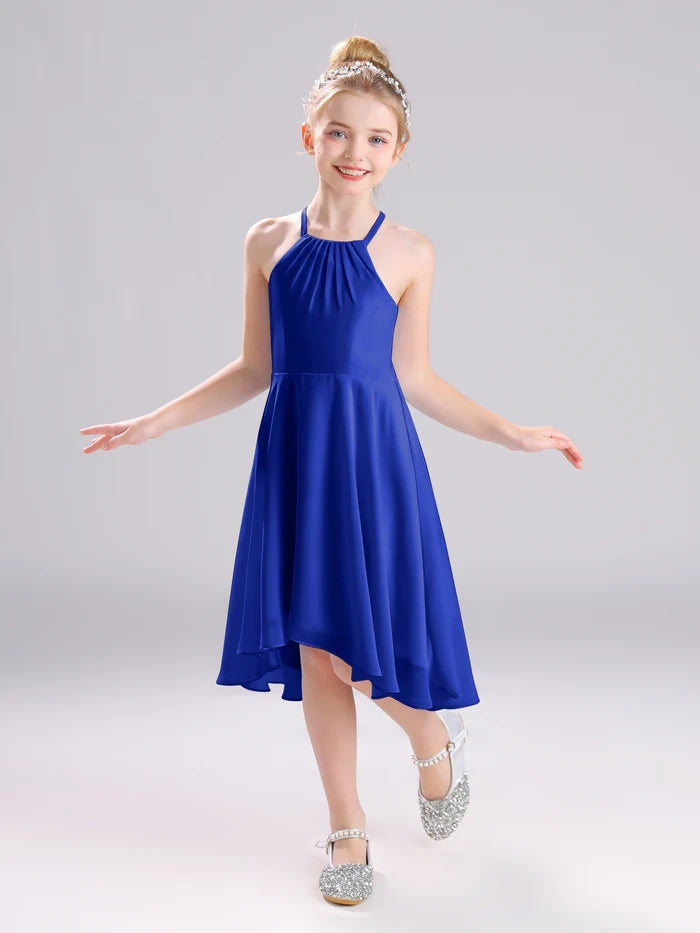 Girls Birthday Dresses Halter Spaghetti Straps Chiffon Asymmetrical Knee-Length Junior Bridesmaid Dress/Party Dresses With Pleated Gidiondress
