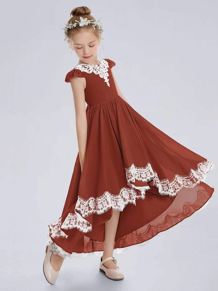 Asymmetrical Cap Sleeve Scoop Neck Cute Ankel-Length Lace/Chiffon Junior Bridesmaid Dress With Appliques Gidiondress