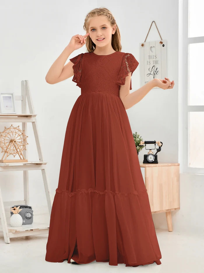 A-Line Scoop Neck Flutter straps Floor-Length Lace/Chiffon Junior Bridesmaid Dress/First Communion Dress With Lace Girls Gidiondress