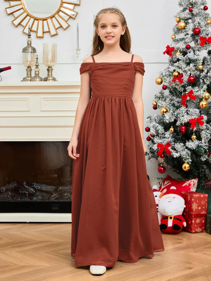 A-Line Floor-Length Chiffon Cold Shoulder Junior Bridesmaid Dress/Girls Birthday Dresses With Cape Gidiondress