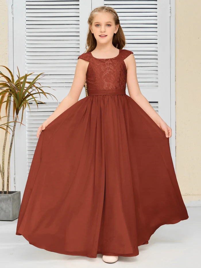 Floor-Length Pearl Pink Chiffon/Lace Junior Bridesmaid Dress/Girls dress Gidiondress