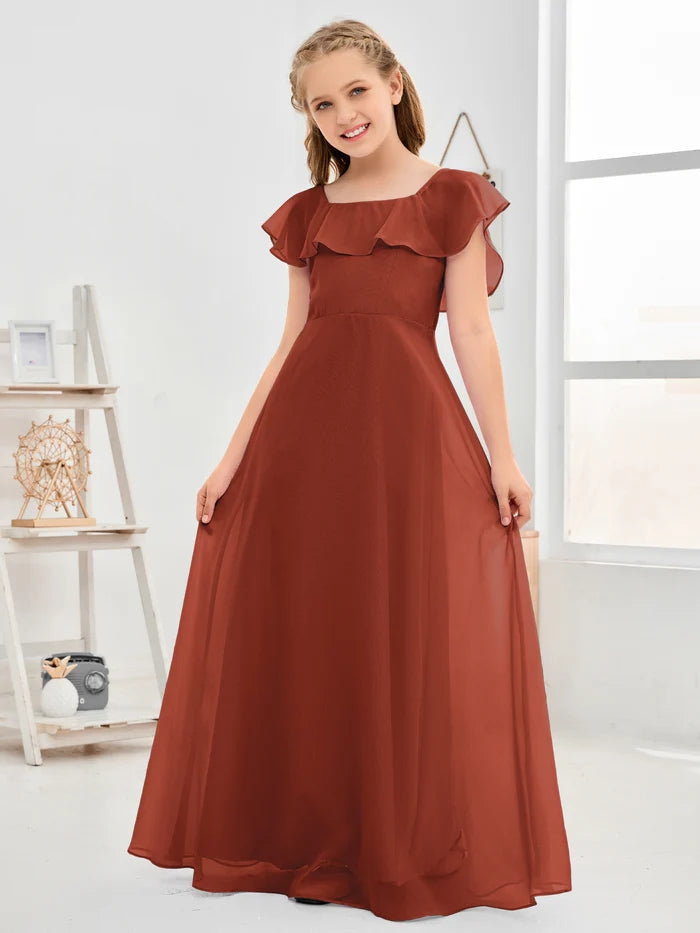 A-Line Square Flutter straps Simple Floor-Length Lilac Chiffon Junior Bridesmaid Dress/Girls Birthday Dresses Gidiondress