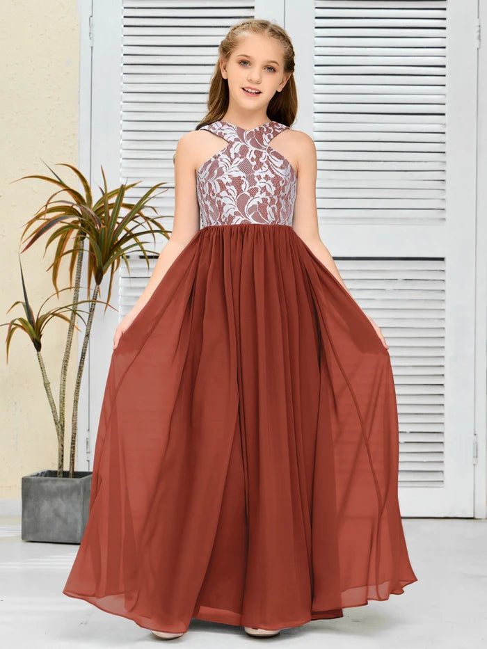 Halter Floor-Length Satin/Chiffon/Lace Junior Bridesmaid Dress/Girls Birthday Dresses Gidiondress