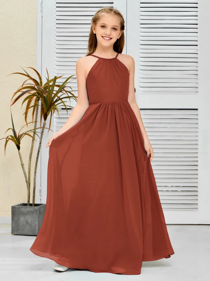 Halter Floor-Length Chiffon Simple Junior Bridesmaid Dress/Girls dress Gidiondress