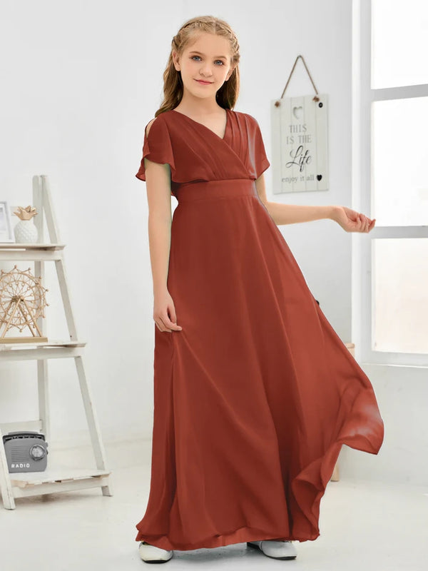 A-line V-Neck Floor-Length Chiffon Junior Bridesmaid Dress Gidiondress Rust 12M