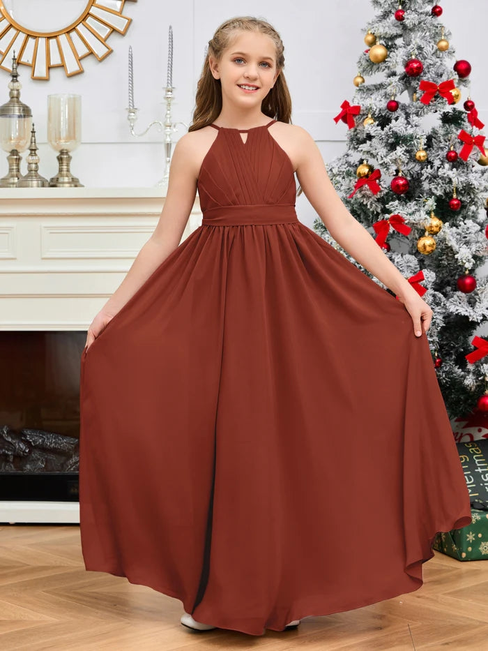 Halter A-Line Classic Floor-Length Chiffon Girls Birthday Dresses/Junior Bridesmaid Dress With Pleated/Belt Gidiondress