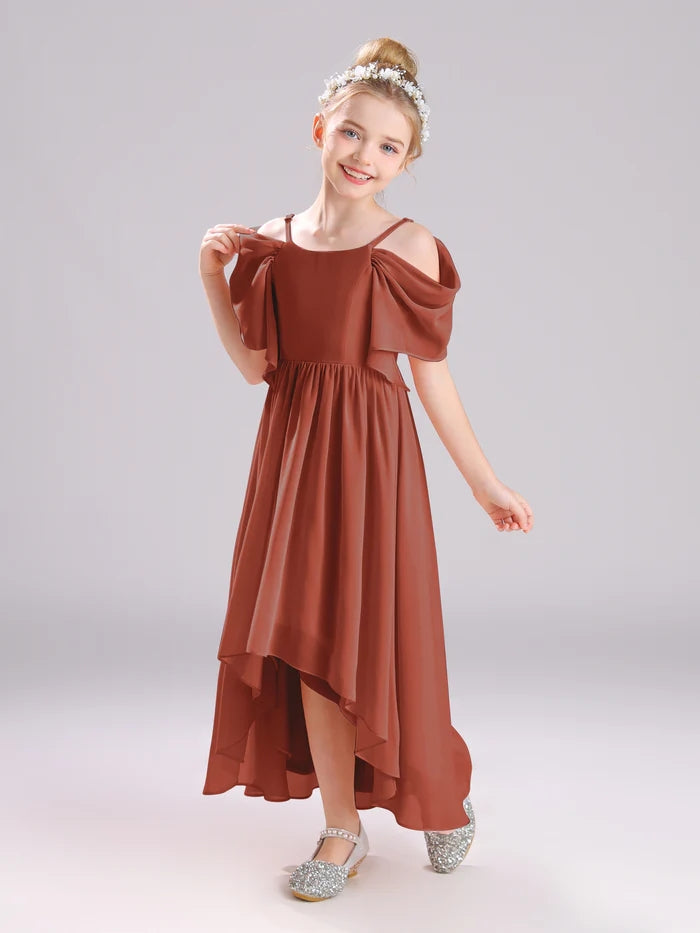 Girls Birthday Dresses Cold Shoulder Flutter Straps Chiffon Asymmetrical Junior Bridesmaid Dress/Party Dresses With Pleated Gidiondress