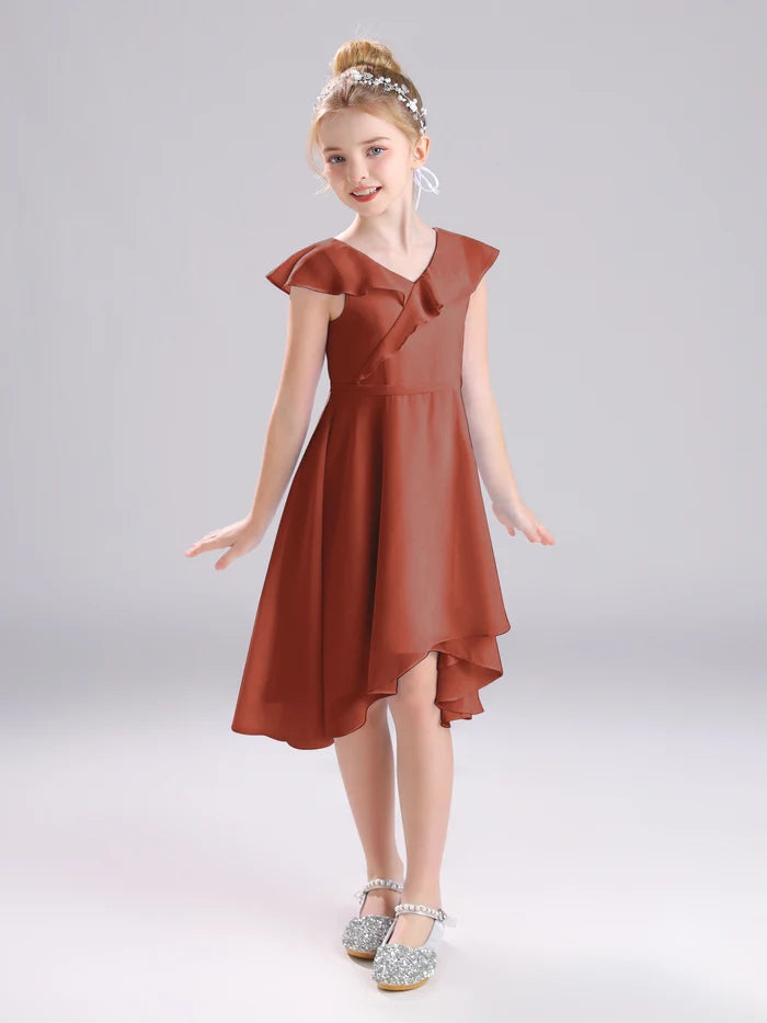 Girls Birthday Dresses V-Neck Cape Chiffon Asymmetrical Junior Bridesmaid Dress/Party Dresses With Belt Girls Gidiondress