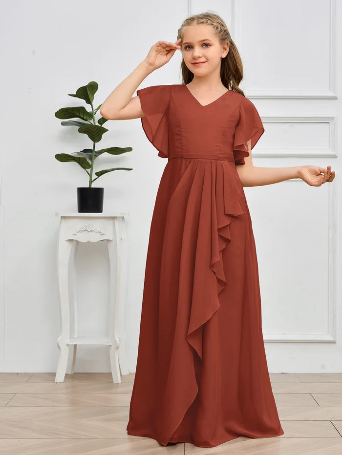 V-Neck Flutter straps Floor-Length Chiffon Junior Bridesmaid Dress/Girls Birthday Dresses Gidiondress