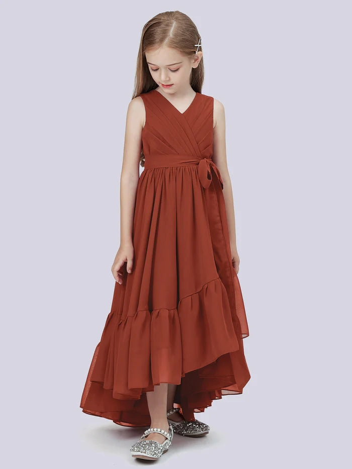Asymmetrical Chiffon Junior Bridesmaid Dress/Girls Birthday Dresses With Pleated/Belt/Ruffled Gidiondress