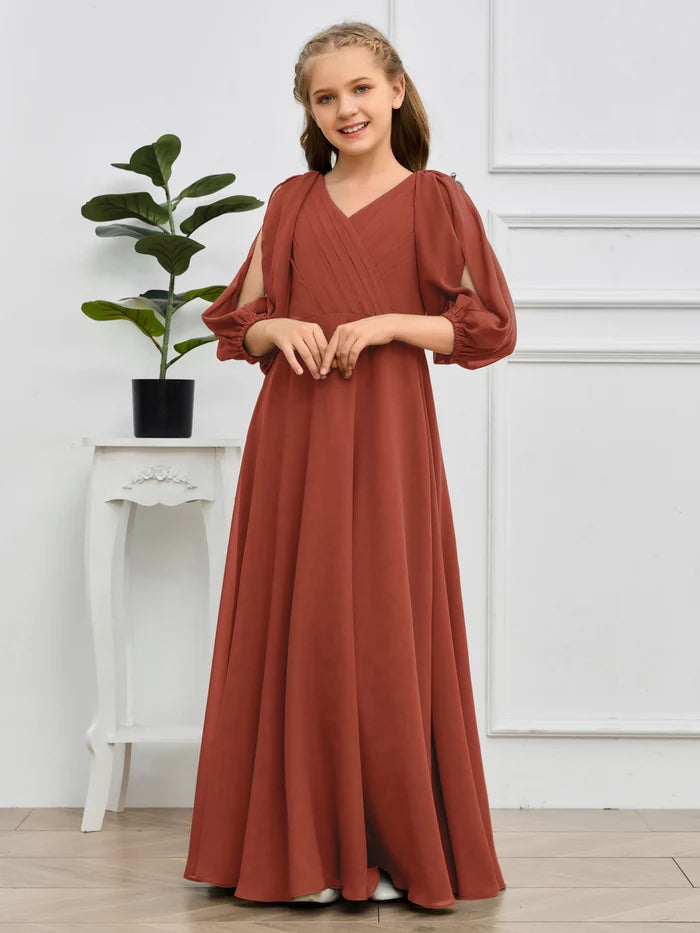 A-line V-Neck Floor-Length Chiffon Junior Bridesmaid Dresses Gidiondress