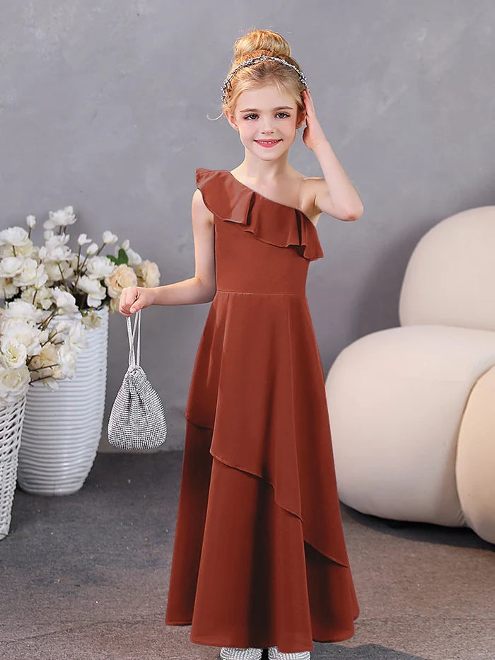 Girls Birthday Dresses One-Shoulder Sleeveless Chiffon Floor-Length Graceful Junior Bridesmaid Dress/Party Dresses With Ruffled Hem Gidiondress