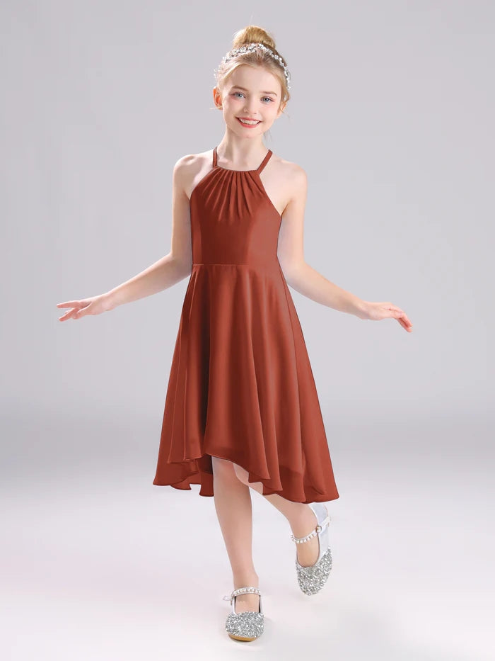 Girls Birthday Dresses Halter Spaghetti Straps Chiffon Asymmetrical Knee-Length Junior Bridesmaid Dress/Party Dresses With Pleated Gidiondress