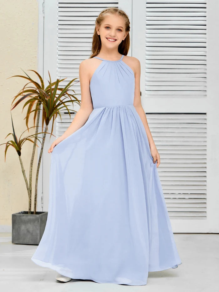 Halter Floor-Length Chiffon Simple Junior Bridesmaid Dress/Girls dress Gidiondress