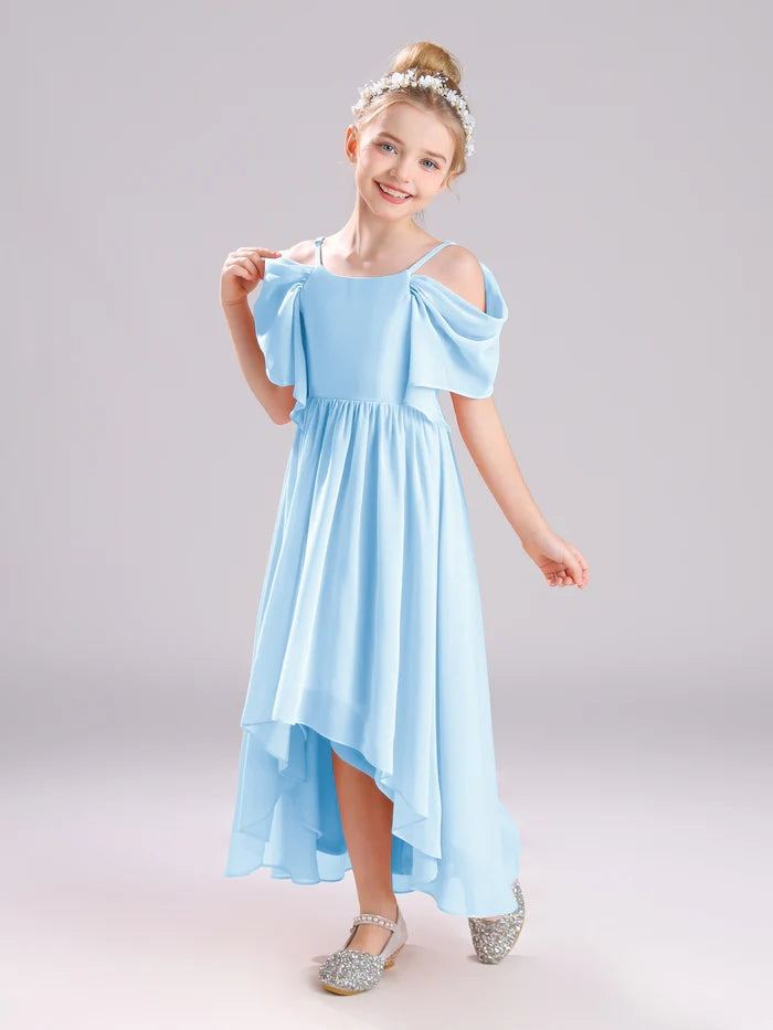 Girls Birthday Dresses Cold Shoulder Flutter Straps Chiffon Asymmetrical Junior Bridesmaid Dress/Party Dresses With Pleated Gidiondress