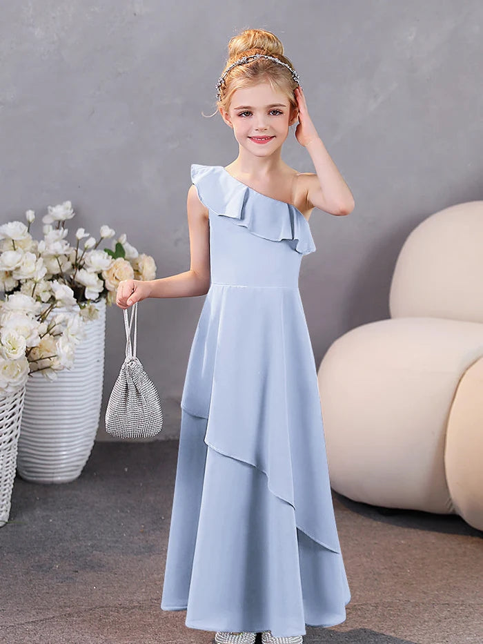 Girls Birthday Dresses One-Shoulder Sleeveless Chiffon Floor-Length Graceful Junior Bridesmaid Dress/Party Dresses With Ruffled Hem Gidiondress Sky Blue 12M