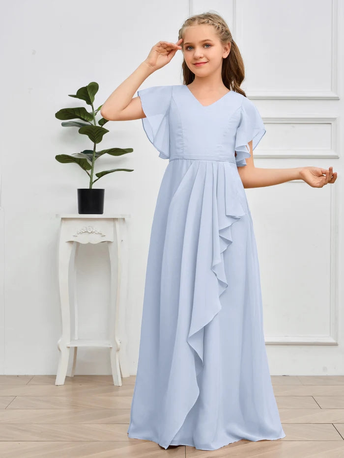V-Neck Flutter straps Floor-Length Chiffon Junior Bridesmaid Dress/Girls Birthday Dresses Gidiondress
