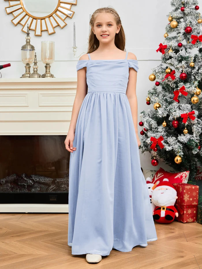 A-Line Floor-Length Chiffon Cold Shoulder Junior Bridesmaid Dress/Girls Birthday Dresses With Cape Gidiondress