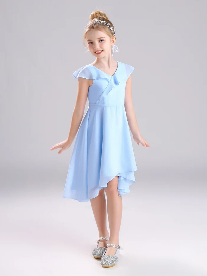 Girls Birthday Dresses V-Neck Cape Chiffon Asymmetrical Junior Bridesmaid Dress/Party Dresses With Belt Girls Gidiondress