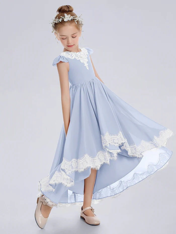 Asymmetrical Cap Sleeve Scoop Neck Ankel-Length Lace/Chiffon Cute Junior Bridesmaid Dress With Appliques Gidiondress Sky Blue 12M