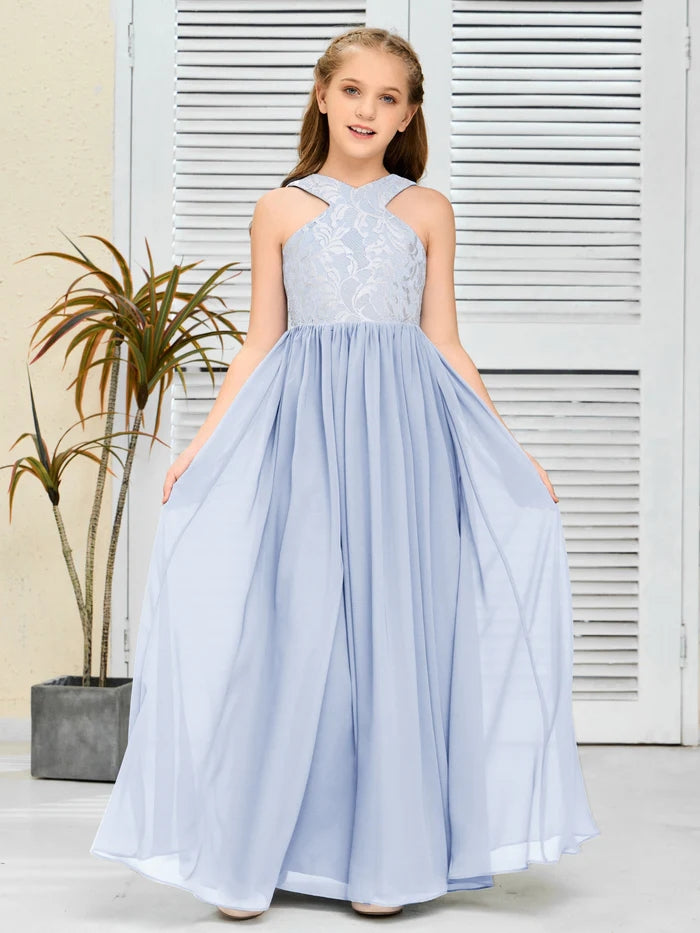 Halter Floor-Length Satin/Chiffon/Lace Junior Bridesmaid Dress/Girls Birthday Dresses Gidiondress