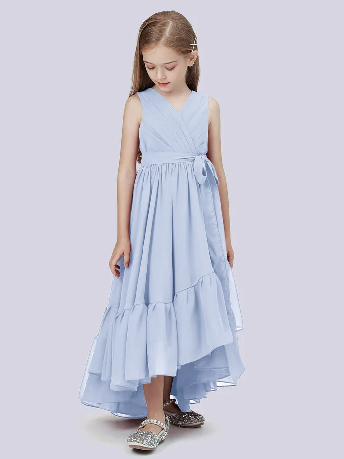 Asymmetrical Chiffon Junior Bridesmaid Dress/Girls Birthday Dresses With Pleated/Belt/Ruffled Gidiondress Sky Blue 12M